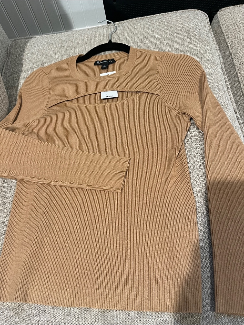 INC International Concepts Camel Ribbed Cutout Crewneck Sweater